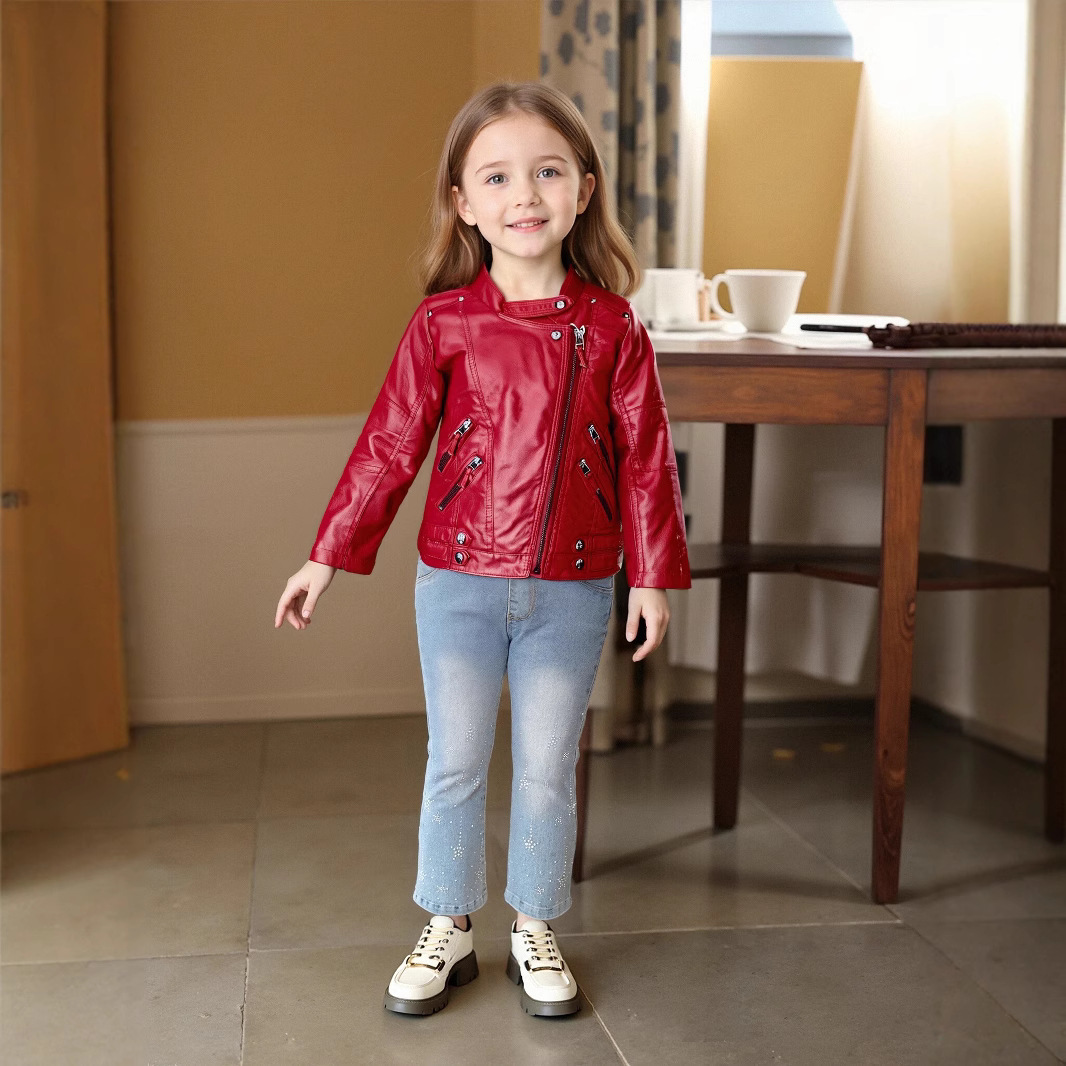 Photography Logo - ティーンキッズストリート写真撮影着用 2-12Y 女の子クリスマスピンクレッドオートバイ Pu レザージャケット子供防水防風コート