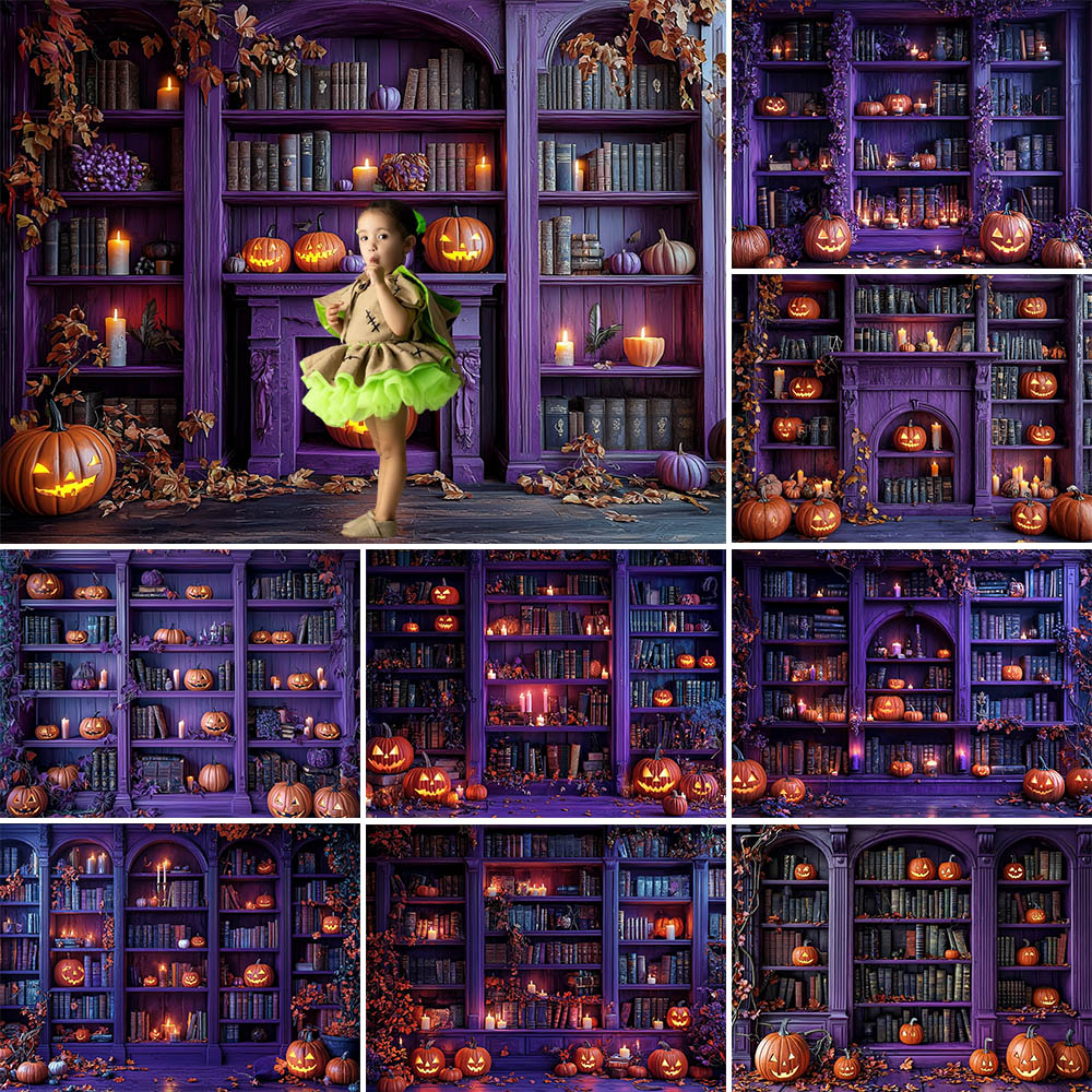 Photography Trick - ハロウィーンをテーマにした写真の背景、怖いカボチャの本棚のバット、休日の装飾、スタジオのトリックオアトリートの背景