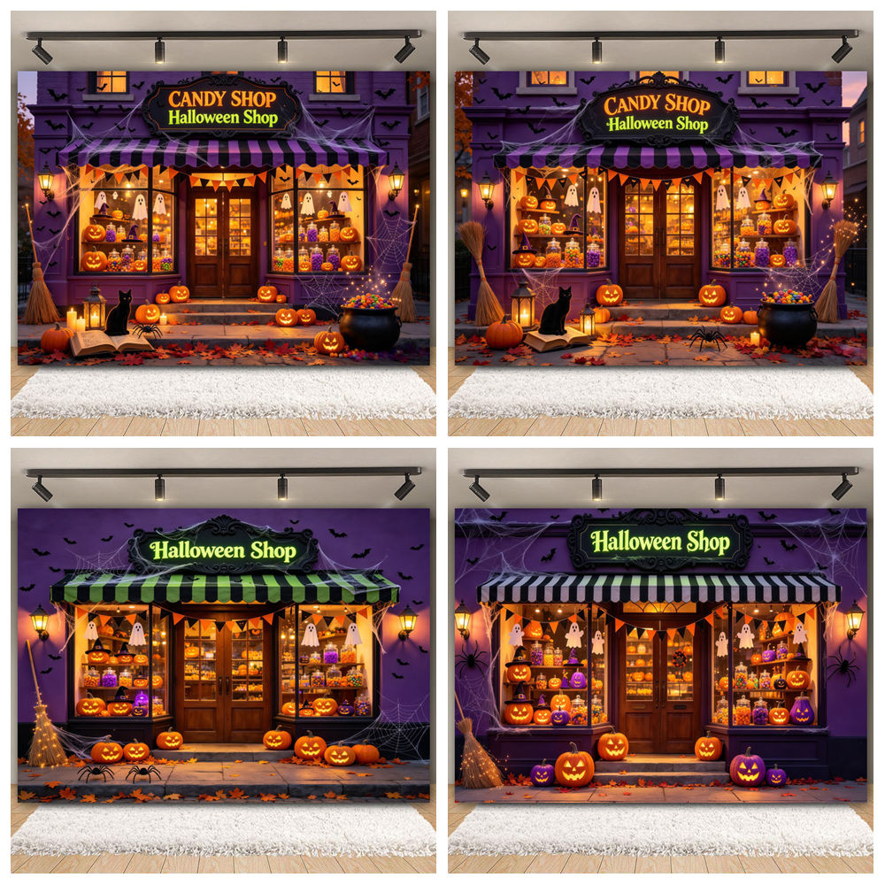 Photography Trick - ハッピーハロウィン背景幕 ホラーパンプキンキャンディーショップ トリックオアトリート ジャックオーランタン ハロウィンパーティーデコレーション 写真撮影用背景