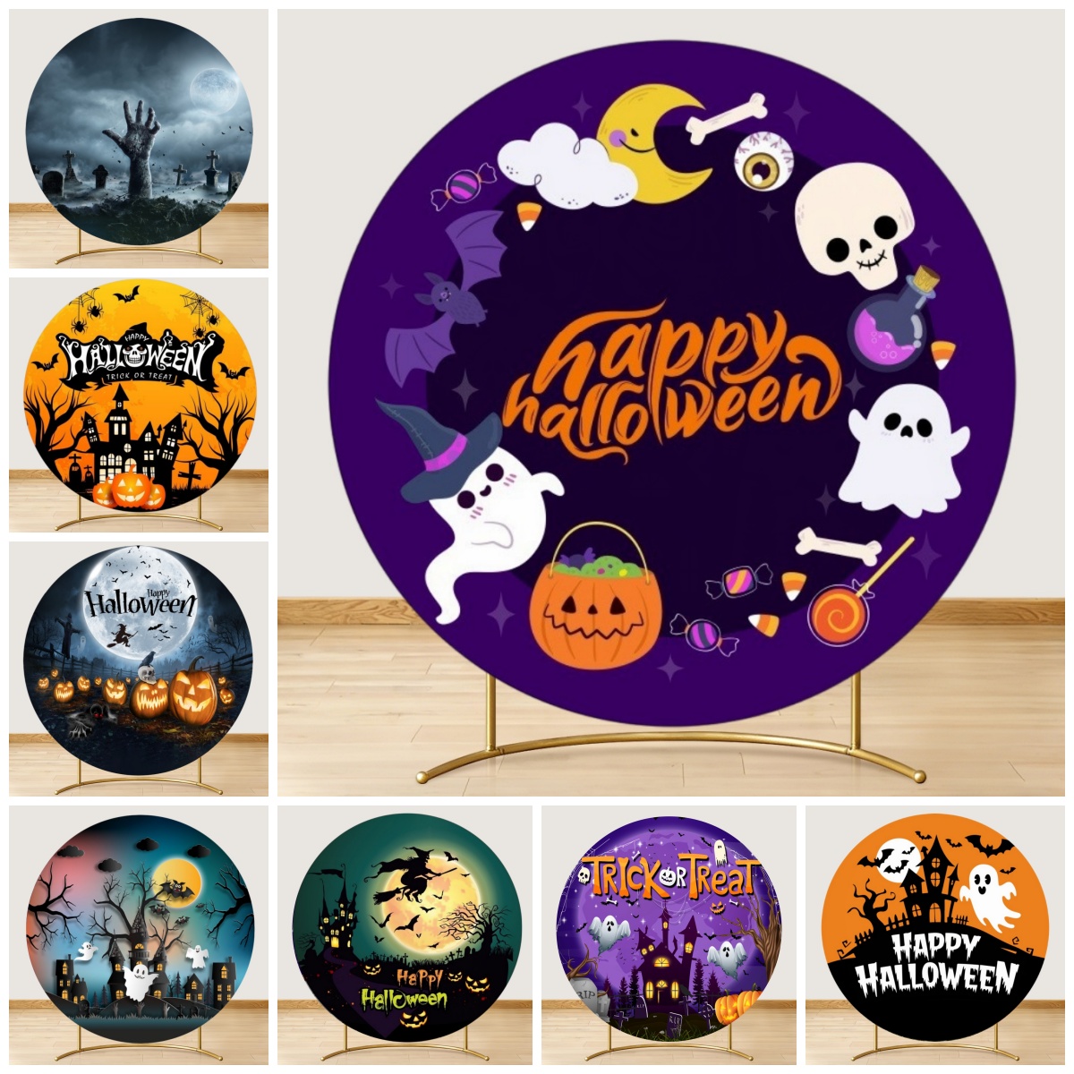 Photography Trick - ラウンドハロウィン背景幕 スカルバット パンプキン キャンディー ウィッチ ハッピーハロウィン